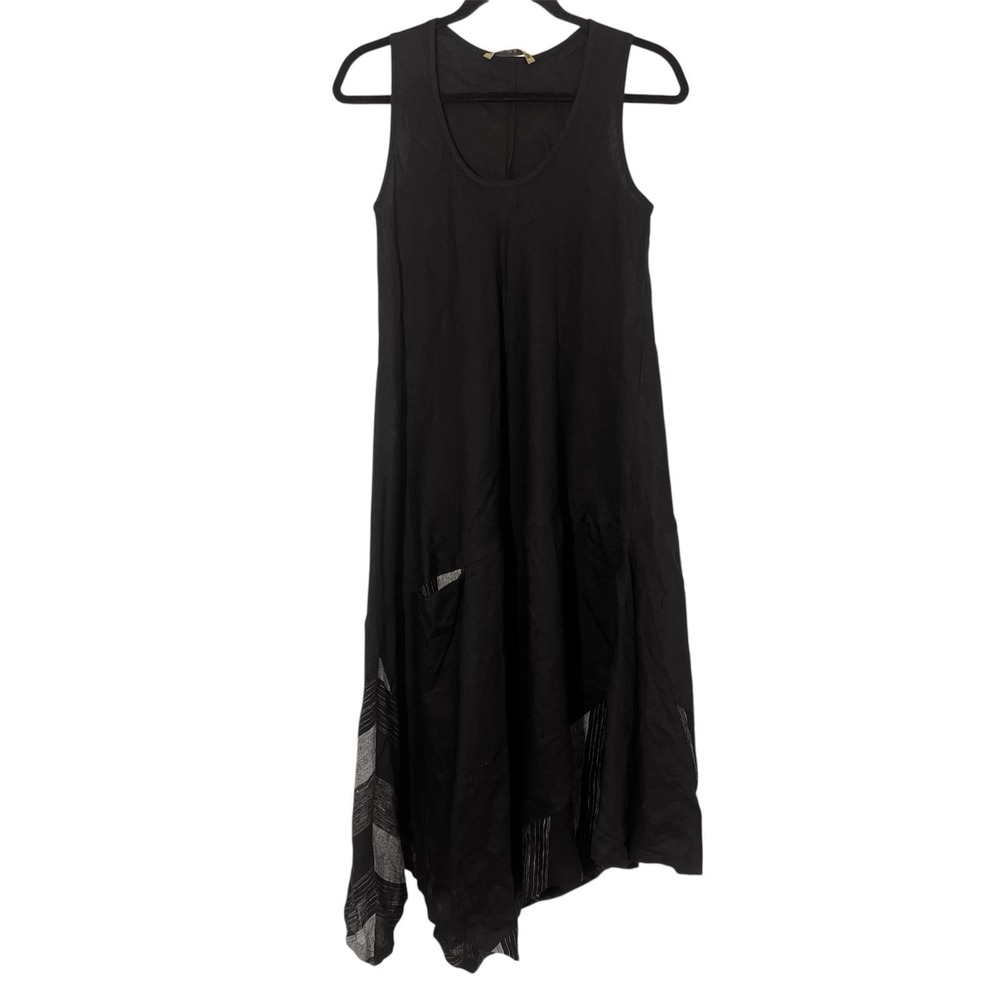 Coastal Lagenlook Midi Dress Size S Tara Vao Black Linen Sleeveless Asymmetrical